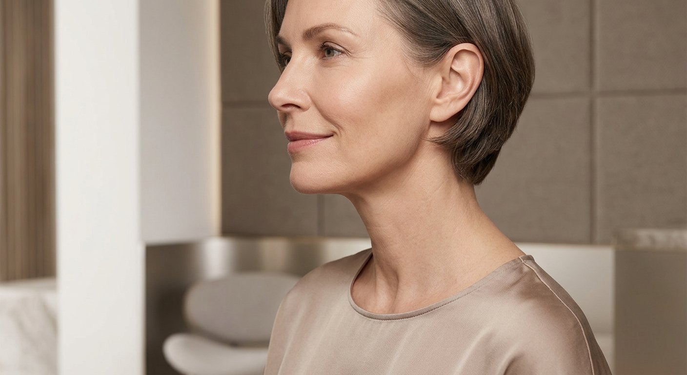 Patient gently touching neck during Neck Lift Recovery, demonstrating scar care