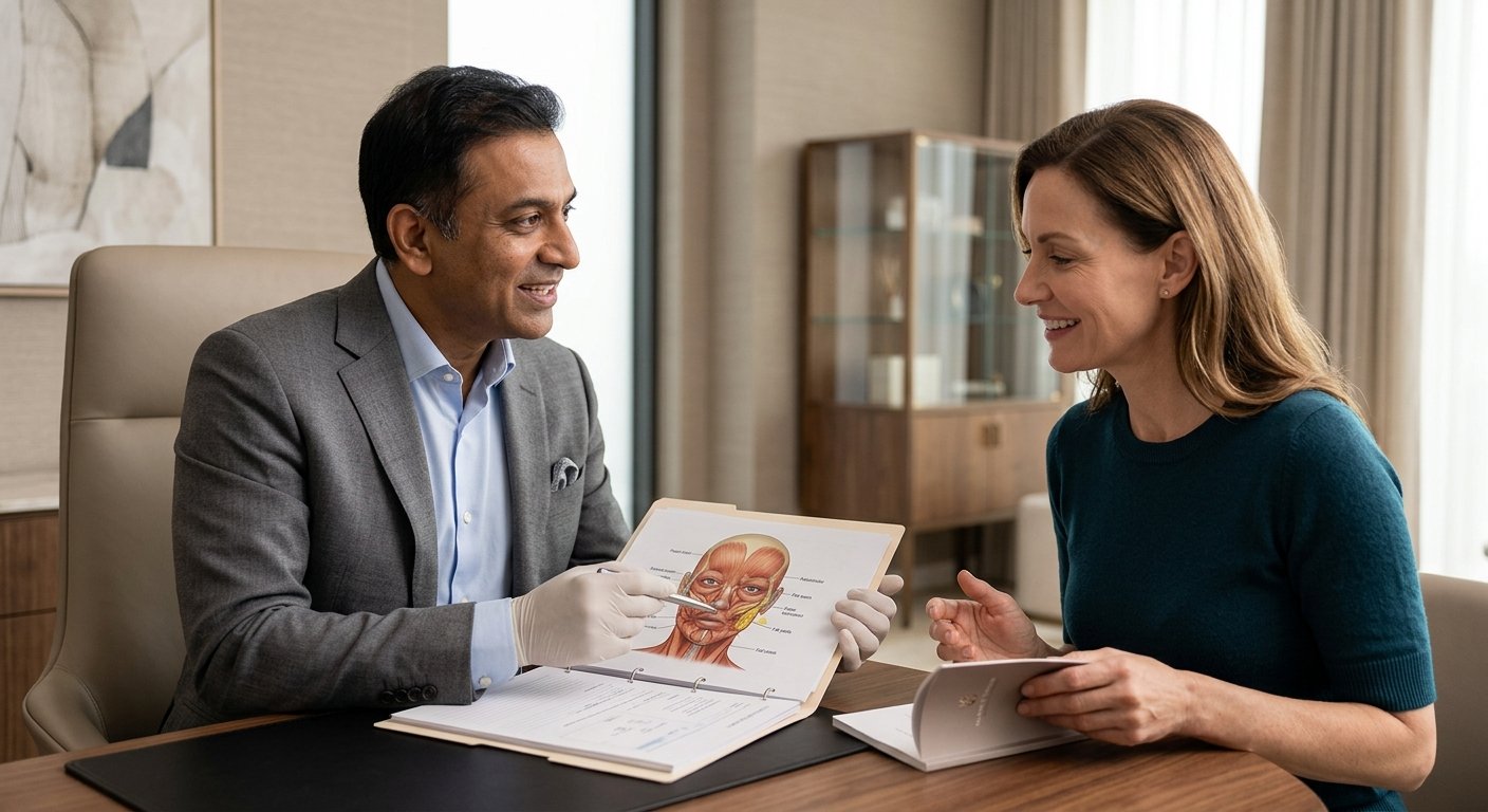 A conceptual image representing a virtual consultation, showing a split screen of a doctor and patient interacting via video call, conveying convenience and accessibility for Consultation with Dr. Kusuma.