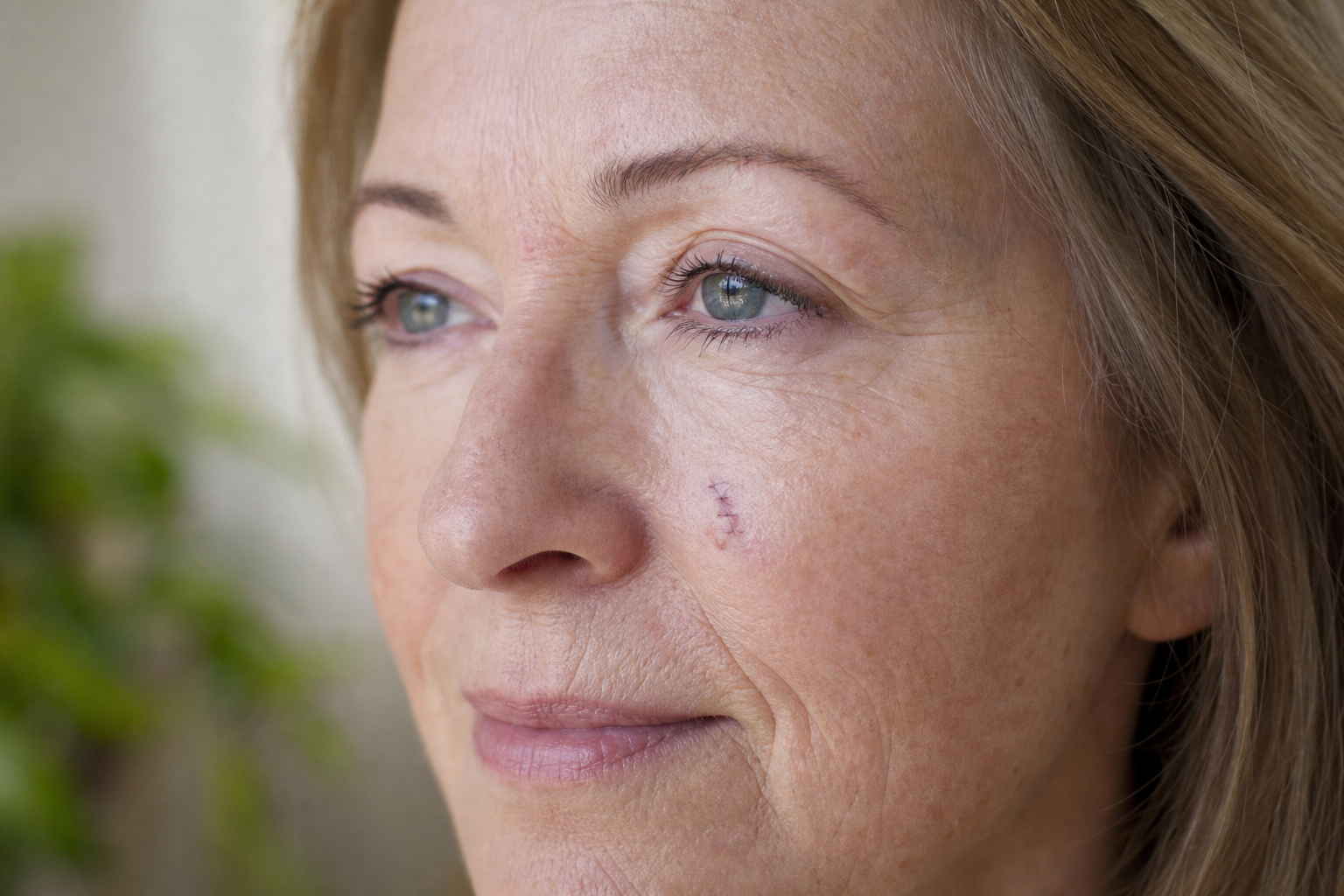 A person gently applying a bandage to a small, healing wound on their face, symbolizing diligent Mohs repair recovery and care.