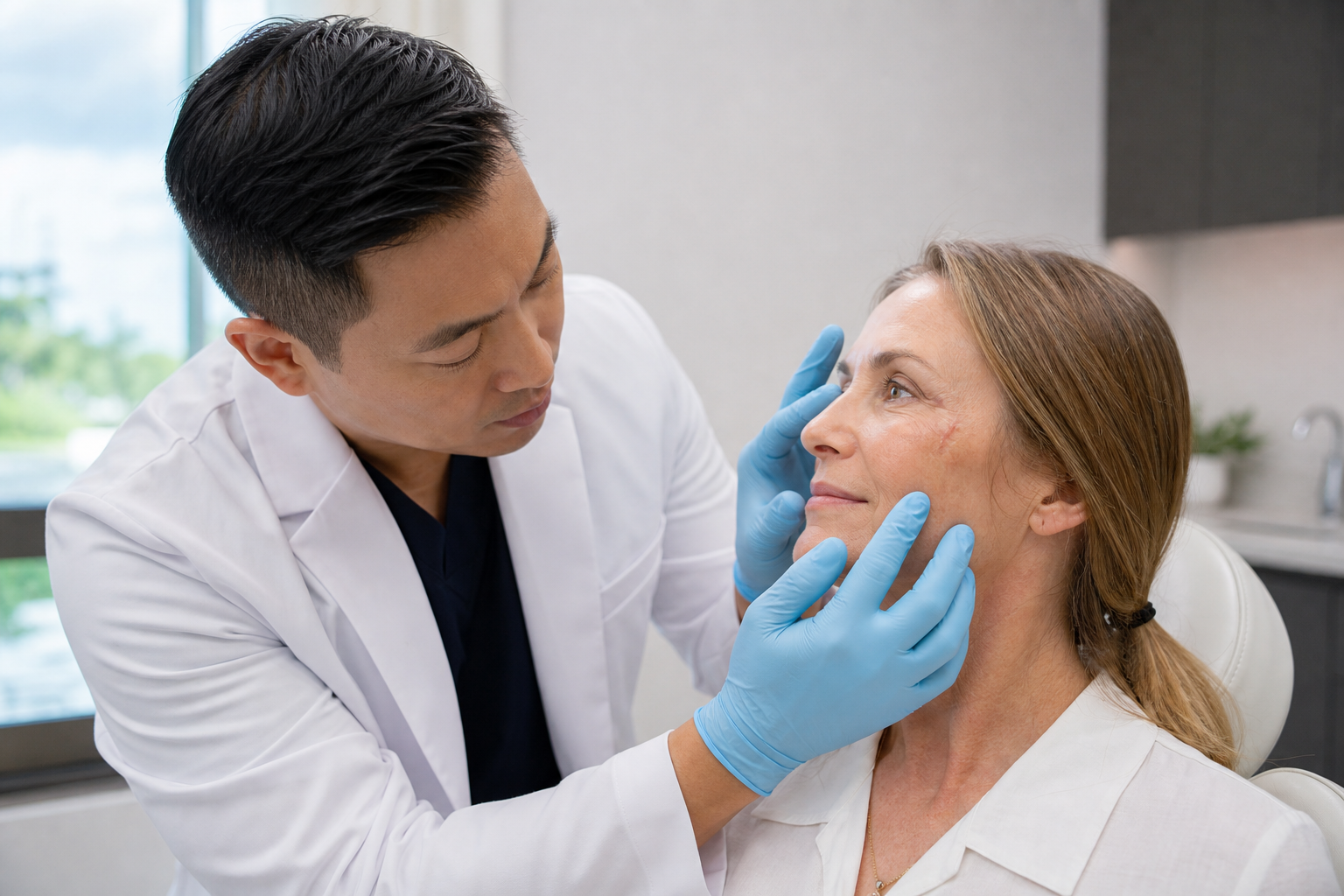A close-up of a doctor's hands gently examining a patient's healed skin after Mohs surgery, emphasizing successful Mohs repair recovery and minimal scarring.