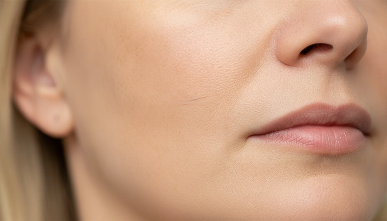Close-up of a patient's face before and after aesthetic Mohs repair, showing seamless skin restoration