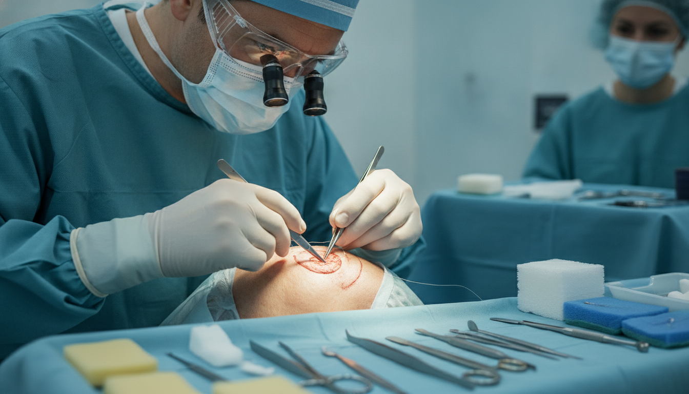 A surgeon meticulously performing aesthetic Mohs repair on a patient's face, focusing on precision