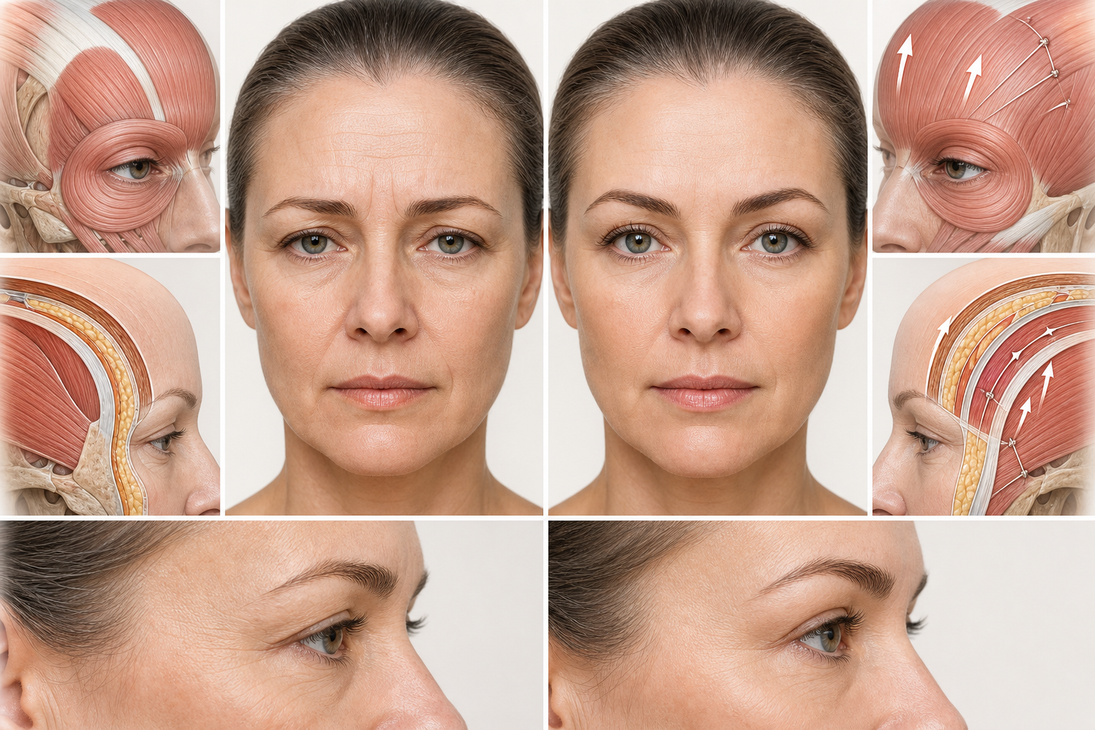 A close-up of a person applying sunscreen to their forehead, emphasizing post-procedure care and sun protection for maintaining aesthetic results. The setting is bright and clean, perhaps a bathroom or outdoor scene. Alt text: Image showing maintenance for brow lift longevity.