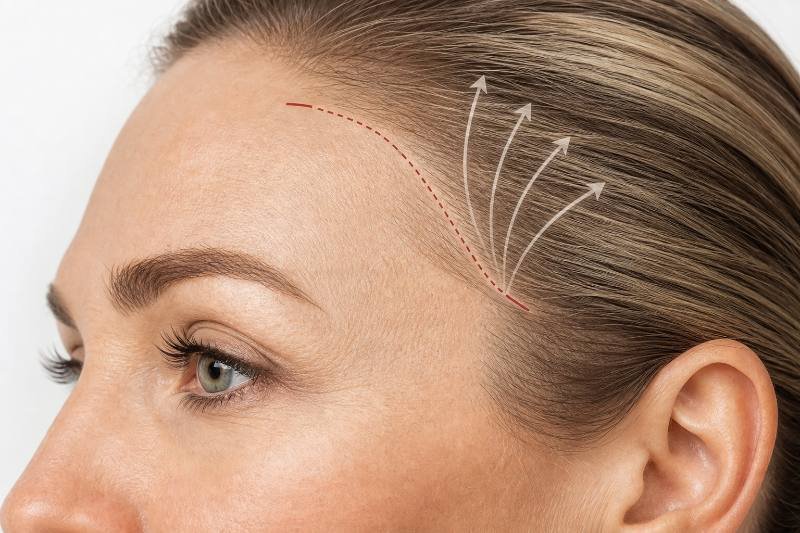 Temporal Brow Lift: 6 Ultimate Secrets for a Subtle... 4 Close-up of a woman's serene face with subtly lifted brows, showcasing the natural results of a temporal brow lift, 16:9 aspect ratio