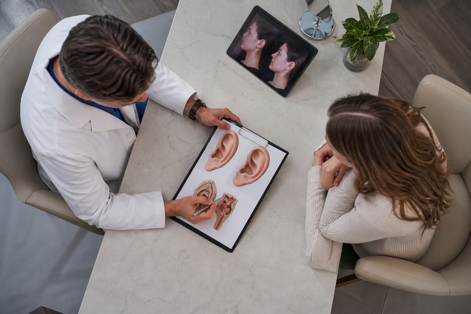 A surgeon discussing ear reshaping considerations with a patient