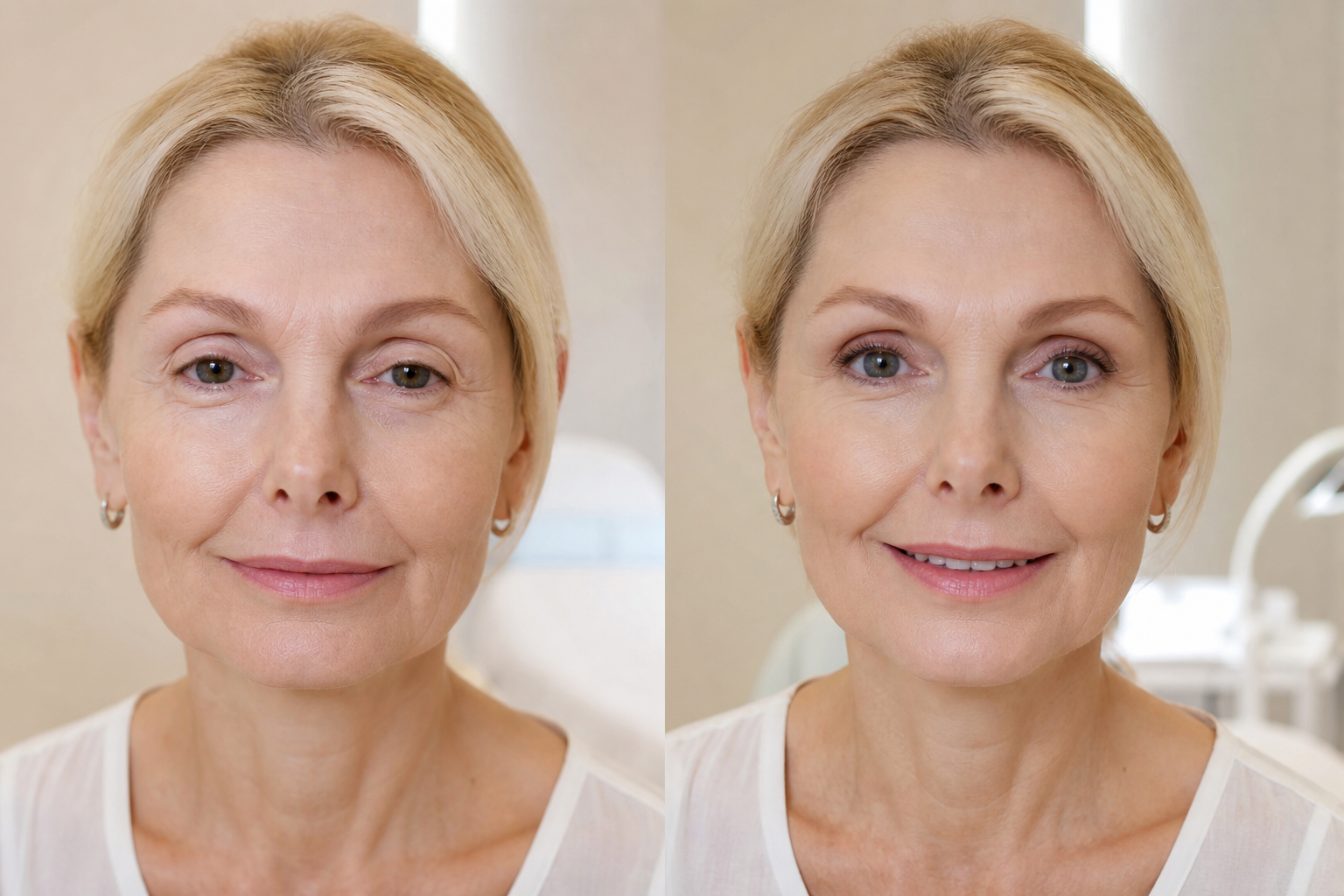 A serene close-up of a person's eyes, one side showing a slightly droopy eyelid and the other side showing a bright, alert eye after successful droopy eyelids surgery, with a subtle glow around the corrected eye.