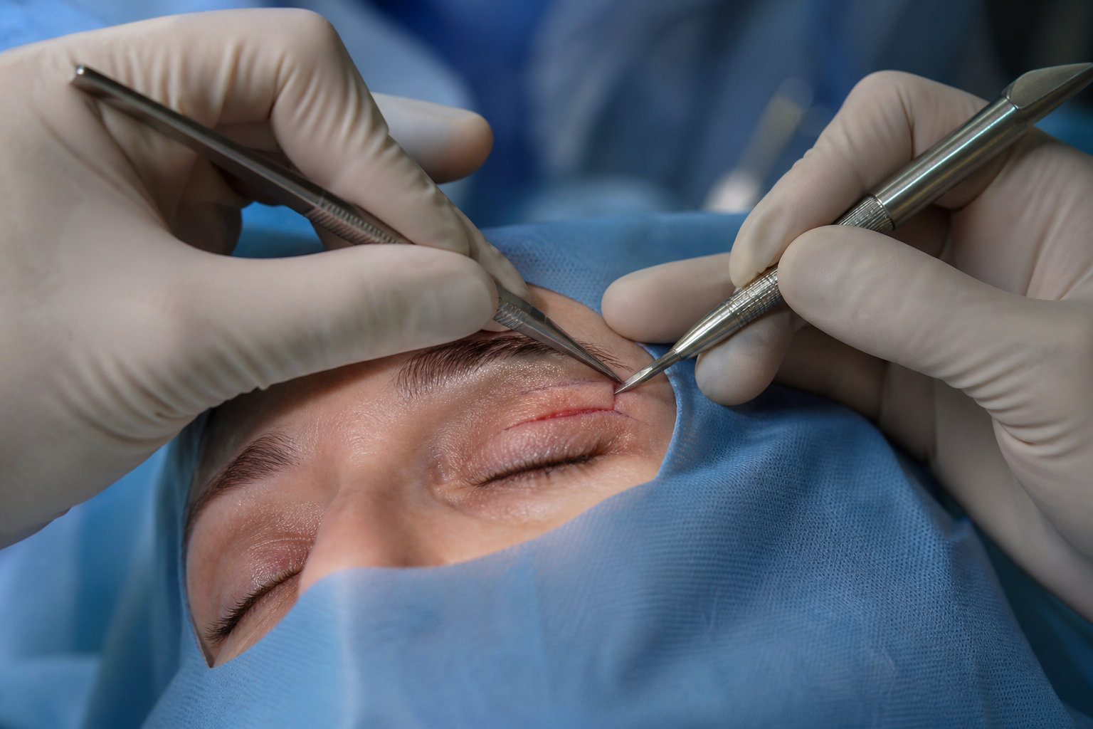 An abstract illustration depicting the lifting and rejuvenation of an eyelid, with a gentle upward curve and light rays emanating from the eye area. Focus on the concept of improvement and clarity for droopy eyelids surgery.