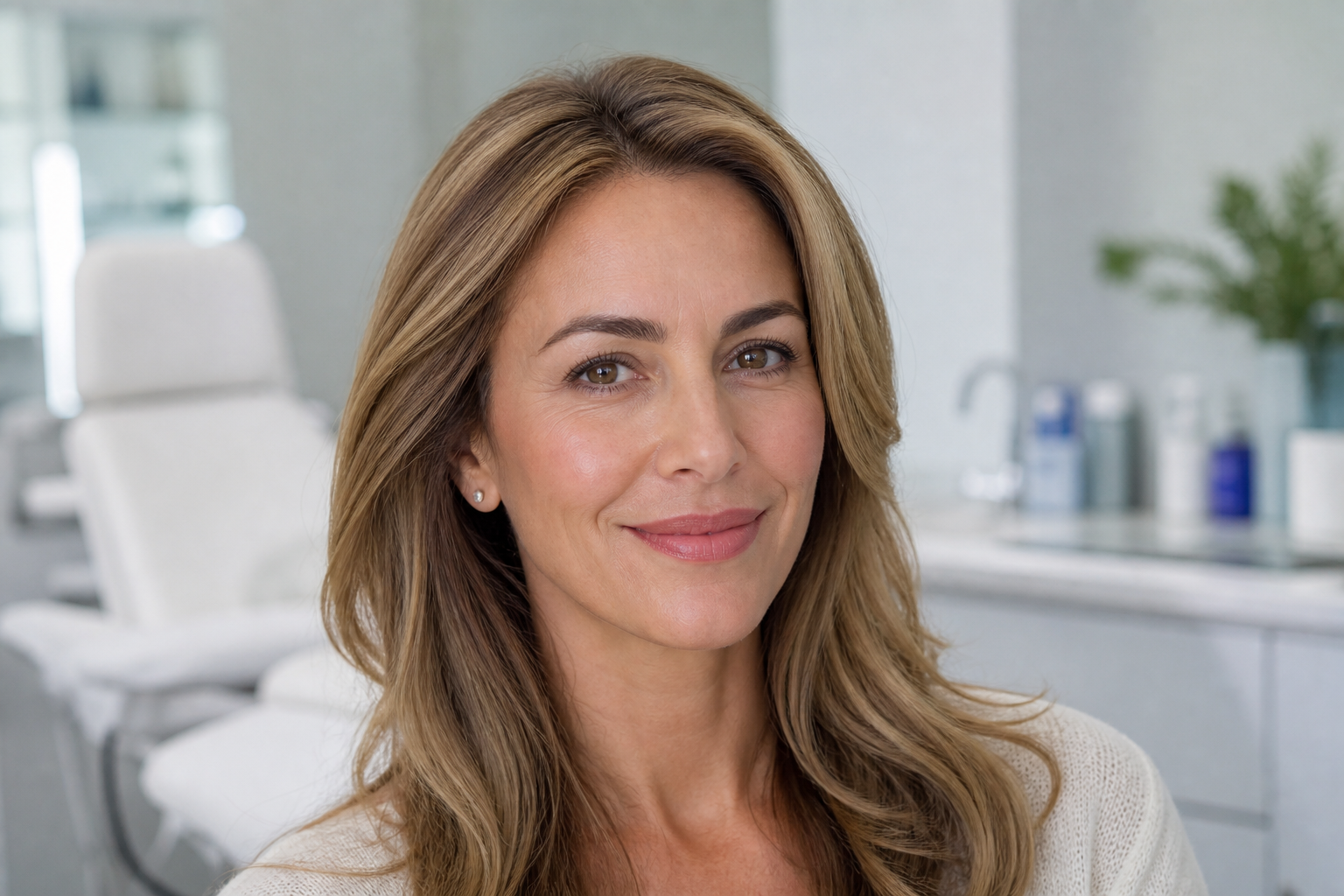Woman smiling naturally with subtle natural injectable results, glowing complexion