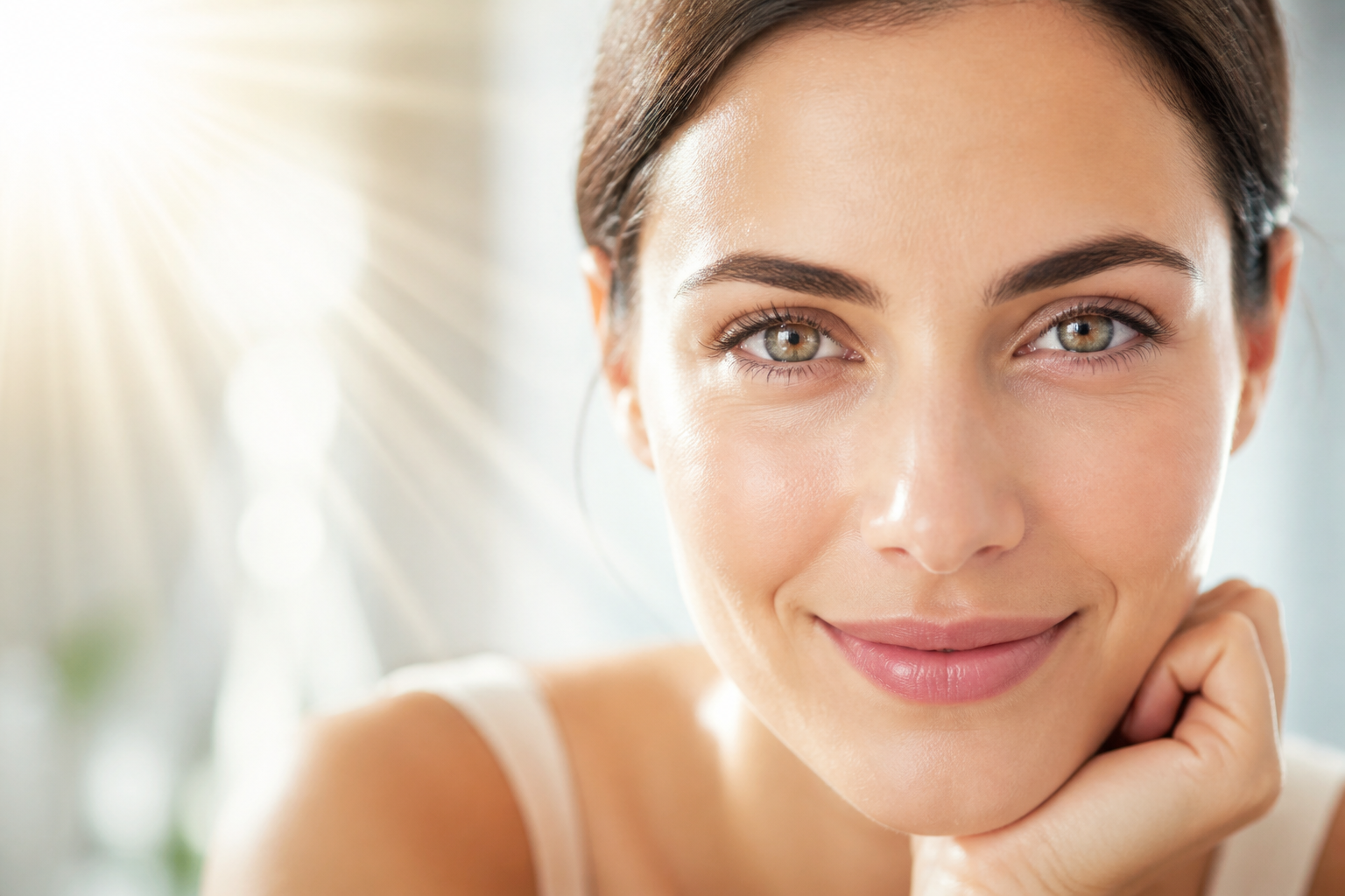 Tired Eyes Solution: 7 Ultimate Ways for Brighter Eyes 3 A serene close-up of a person gently closing their eyes, perhaps with a cooling eye mask or cucumber slices, bathed in soft, natural light, conveying relaxation and relief. The background is blurred, focusing on the calm expression. Tired Eyes Solution.
